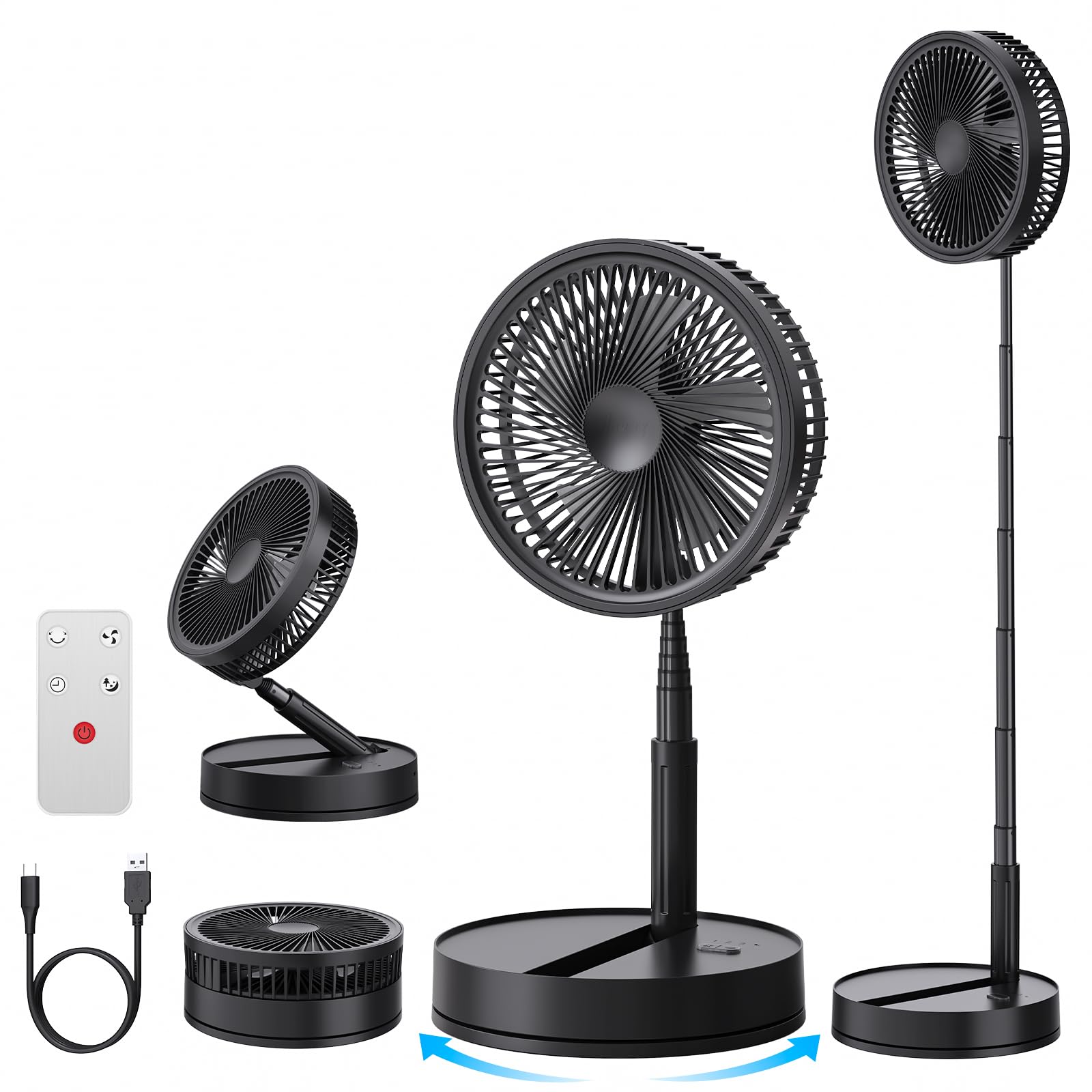 Amazon | 折りたたみ扇風機 黒 USB充電式8000mAhバッテリー 首振り静音